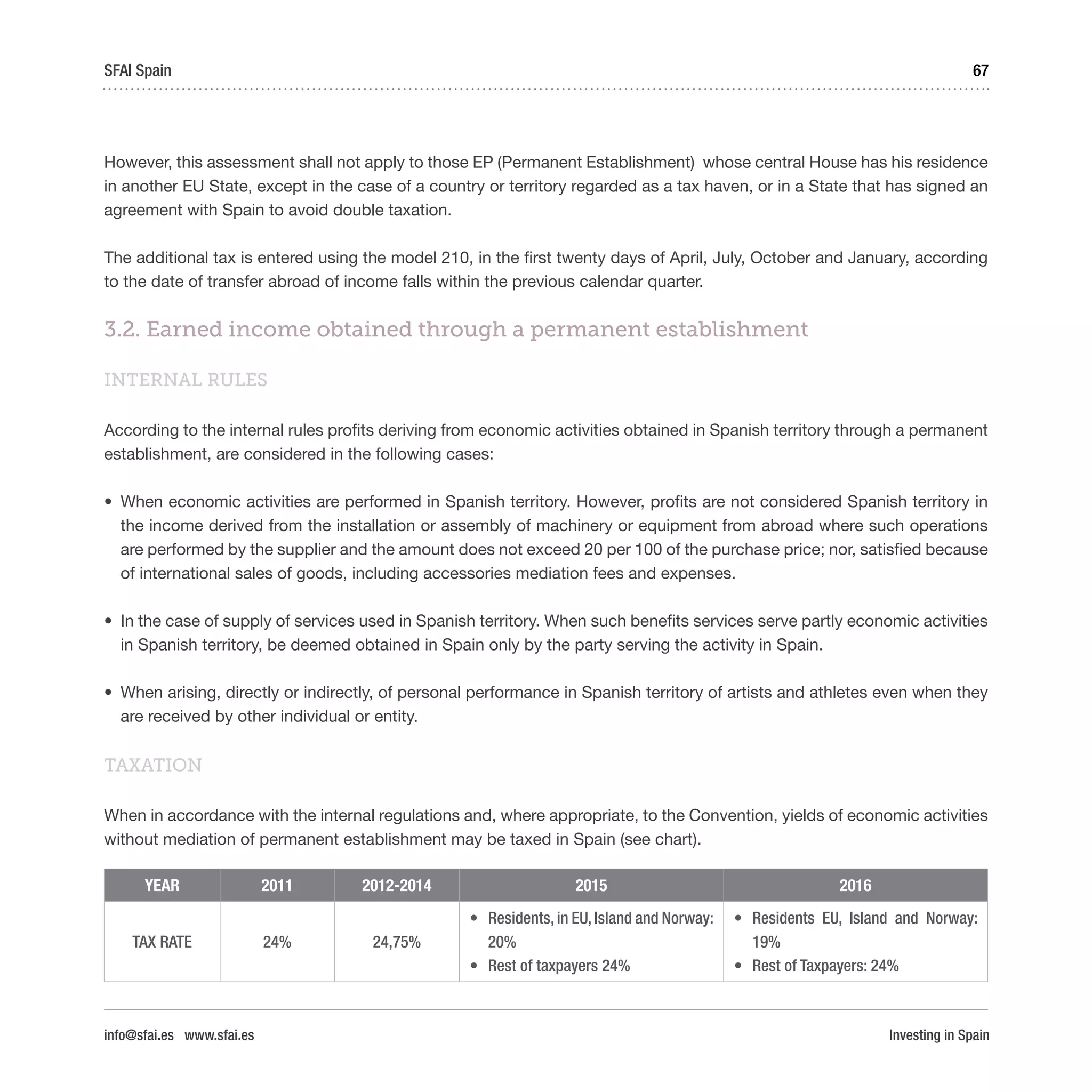 Investing in Spain
67SFAI Spain
info@sfai.es www.sfai.es
However, this assessment shall not apply to those EP (Permanent Establishment) whose central House has his residence
in another EU State, except in the case of a country or territory regarded as a tax haven, or in a State that has signed an
agreement with Spain to avoid double taxation.
The additional tax is entered using the model 210, in the first twenty days of April, July, October and January, according
to the date of transfer abroad of income falls within the previous calendar quarter.
3.2. Earned income obtained through a permanent establishment
INTERNAL RULES
According to the internal rules profits deriving from economic activities obtained in Spanish territory through a permanent
establishment, are considered in the following cases:
•	 When economic activities are performed in Spanish territory. However, profits are not considered Spanish territory in
the income derived from the installation or assembly of machinery or equipment from abroad where such operations
are performed by the supplier and the amount does not exceed 20 per 100 of the purchase price; nor, satisfied because
of international sales of goods, including accessories mediation fees and expenses.
•	 In the case of supply of services used in Spanish territory. When such benefits services serve partly economic activities
in Spanish territory, be deemed obtained in Spain only by the party serving the activity in Spain.
•	 When arising, directly or indirectly, of personal performance in Spanish territory of artists and athletes even when they
are received by other individual or entity.
TAXATION
When in accordance with the internal regulations and, where appropriate, to the Convention, yields of economic activities
without mediation of permanent establishment may be taxed in Spain (see chart).
YEAR 2011 2012-2014 2015 2016
TAX RATE 24% 24,75%
•	 Residents,in EU,Island and Norway:
20%
•	 Rest of taxpayers 24%  
•	 Residents EU, Island and Norway:
19%
•	 Rest of Taxpayers: 24%
 