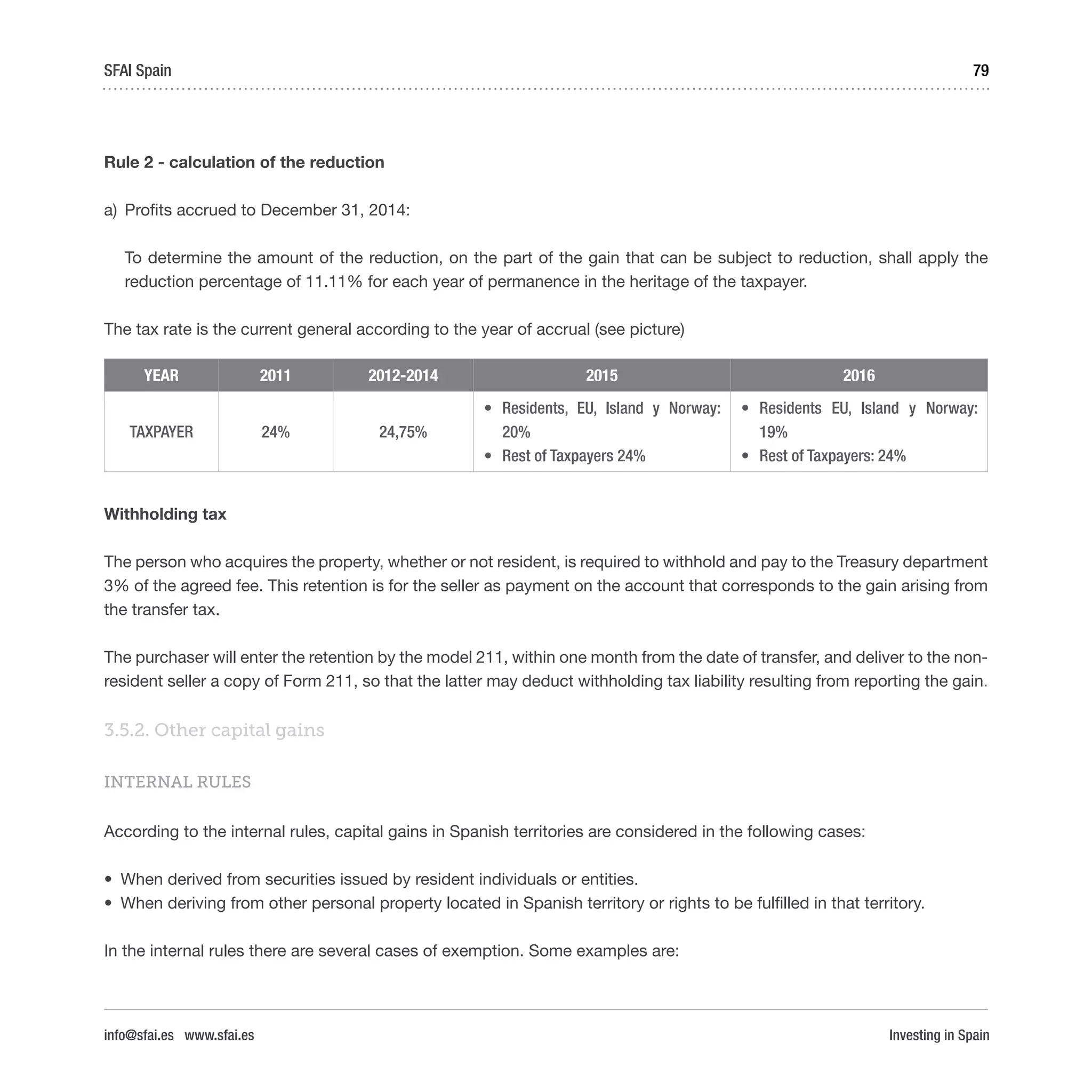 Investing in Spain
79SFAI Spain
info@sfai.es www.sfai.es
Rule 2 - calculation of the reduction
a)	 Profits accrued to December 31, 2014:
To determine the amount of the reduction, on the part of the gain that can be subject to reduction, shall apply the
reduction percentage of 11.11% for each year of permanence in the heritage of the taxpayer.
The tax rate is the current general according to the year of accrual (see picture)
YEAR 2011 2012-2014 2015 2016
TAXPAYER 24% 24,75%
•	 Residents, EU, Island y Norway:
20%
•	 Rest of Taxpayers 24%  
•	 Residents EU, Island y Norway:
19%
•	 Rest of Taxpayers: 24%
Withholding tax
The person who acquires the property, whether or not resident, is required to withhold and pay to the Treasury department
3% of the agreed fee. This retention is for the seller as payment on the account that corresponds to the gain arising from
the transfer tax.
The purchaser will enter the retention by the model 211, within one month from the date of transfer, and deliver to the non-
resident seller a copy of Form 211, so that the latter may deduct withholding tax liability resulting from reporting the gain.
3.5.2. Other capital gains
INTERNAL RULES
According to the internal rules, capital gains in Spanish territories are considered in the following cases:
•	 When derived from securities issued by resident individuals or entities.
•	 When deriving from other personal property located in Spanish territory or rights to be fulfilled in that territory.
In the internal rules there are several cases of exemption. Some examples are:
 