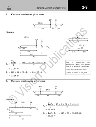 2-9Bending Moment & Shear Force
2. Calculate reaction for given beam.
10N/m
20N 5N
4m 2m 1m
DC
A B
Solution
40N/m
20N
5N
4m
6m
7m
2m
DCRA RB
RB =
ΣWx
L =
40 × 2 + 20 × 4 + 5 × 6
7
= 27.14 N
RA = (40 + 20 + 5) – RB = 65 – 27.14
= 37.86 N
10 4×
4 m
10 N/m
2 m 2 m
CG
udl is converted into
equivalent point load whose
rate is 10 N/m and considered
4m = 10 N/m × 4m = 50 N.
Action at center of udl pass.
3. Calculate reactions for given beam.
15N
5N/m
5N
1m 4m 1m
A B
DC
Solution
RB =
ΣWx
L
=
15 × 1 + 30 × 3 – 5 × 5
6
= 13.33 N
RA = ΣW – RB = (15 + 30 + 5)–(13.33)
= 36.67 N
15N 30N 5N
1m
DC
3m
5m
6m
RA RB
 