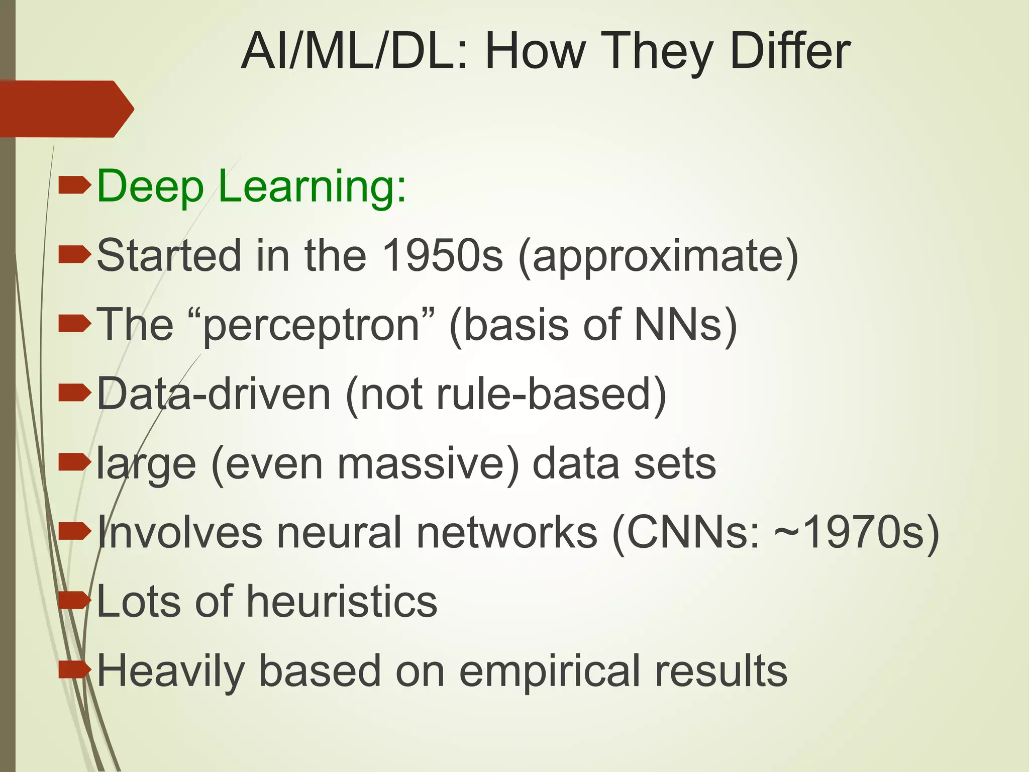 AI/ML/DL: How They Differ
Deep Learning:
Started in the 1950s (approximate)
The “perceptron” (basis of NNs)
Data-driven (not rule-based)
large (even massive) data sets
Involves neural networks (CNNs: ~1970s)
Lots of heuristics
Heavily based on empirical results
 