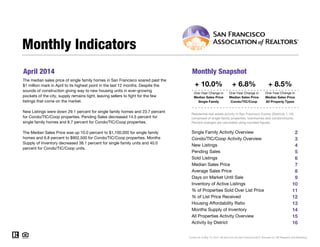 April 2014 Monthly Snapshot
One-Year Change in One-Year Change in
Median Sales Price
Single Family
Median Sales Price
Condo/TIC/Coop
2
3
4
5
6
7
8
9
10
11
12
13
14
15
16
Monthly Indicators
+ 10.0% + 6.8% + 8.5%
One-Year Change in
The median sales price of single family homes in San Francisco soared past the
$1 million mark in April to its highest point in the last 12 months. Despite the
sounds of construction giving way to new housing units in ever-growing
pockets of the city, supply remains tight, leaving sellers to fight for the few
listings that come on the market.
New Listings were down 29.1 percent for single family homes and 23.7 percent
for Condo/TIC/Coop properties. Pending Sales decreased 14.5 percent for
single family homes and 8.7 percent for Condo/TIC/Coop properties.
The Median Sales Price was up 10.0 percent to $1,100,000 for single family
homes and 6.8 percent to $902,500 for Condo/TIC/Coop properties. Months
Supply of Inventory decreased 38.1 percent for single family units and 40.0
percent for Condo/TIC/Coop units.
Median Sales Price
All Property Types
Residential real estate activity in San Francisco County (Districts 1-10),
comprised of single-family properties, townhomes and condominiums.
Percent changes are calculated using rounded figures.
Single Family Activity Overview
Months Supply of Inventory
Current as of May 12, 2014. All data from the San Francisco MLS. Powered by 10K Research and Marketing.
Condo/TIC/Coop Activity Overview
Inventory of Active Listings
% of Properties Sold Over List Price
% of List Price Received
Housing Affordability Ratio
All Properties Activity Overview
New Listings
Pending Sales
Sold Listings
Median Sales Price
Average Sales Price
Days on Market Until Sale
Activity by District
 