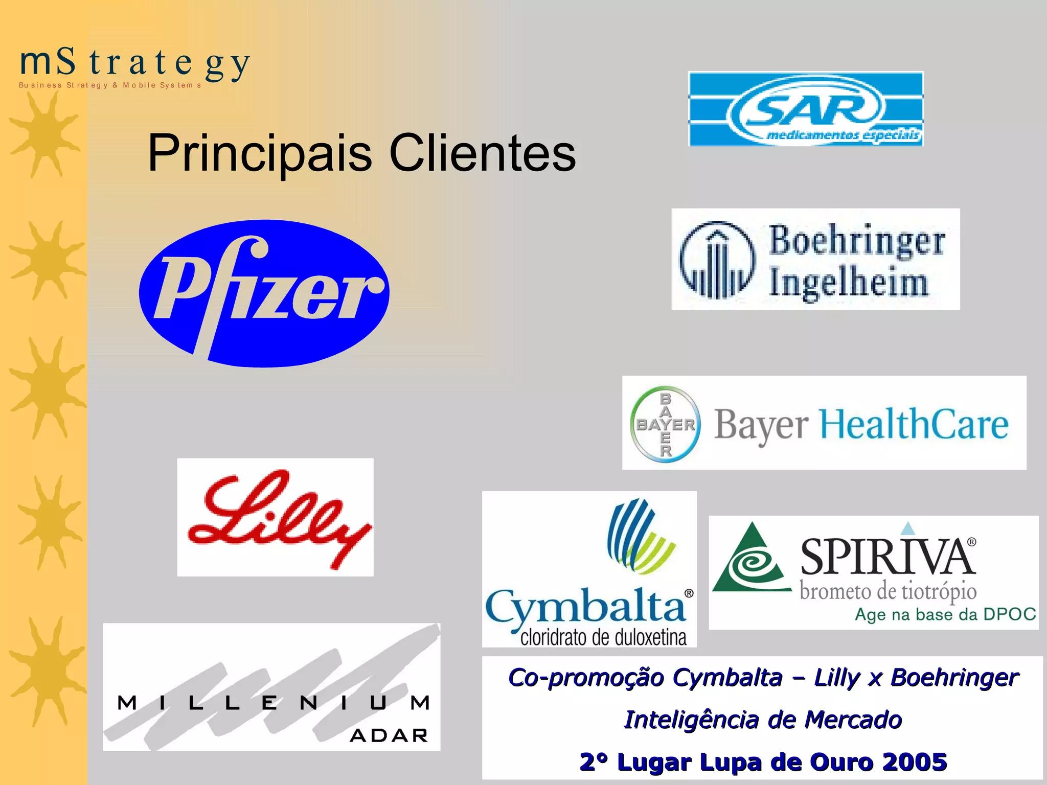 Principais Clientes Co-promoção Cymbalta – Lilly x Boehringer Inteligência de Mercado 2 °  Lugar Lupa de Ouro 2005 