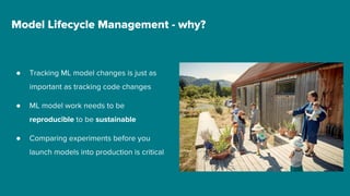 ● Tracking ML model changes is just as
important as tracking code changes
● ML model work needs to be
reproducible to be sustainable
● Comparing experiments before you
launch models into production is critical
Model Lifecycle Management - why?
 
