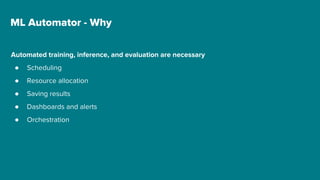 Automated training, inference, and evaluation are necessary
● Scheduling
● Resource allocation
● Saving results
● Dashboards and alerts
● Orchestration
ML Automator - Why
 
