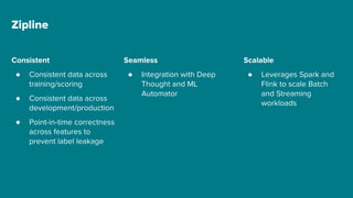 Seamless
● Integration with Deep
Thought and ML
Automator
Zipline
Consistent
● Consistent data across
training/scoring
● Consistent data across
development/production
● Point-in-time correctness
across features to
prevent label leakage
Scalable
● Leverages Spark and
Flink to scale Batch
and Streaming
workloads
 