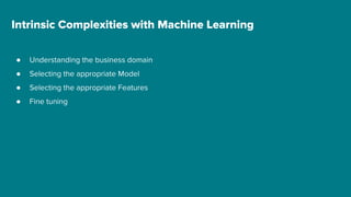 Intrinsic Complexities with Machine Learning
● Understanding the business domain
● Selecting the appropriate Model
● Selecting the appropriate Features
● Fine tuning
 