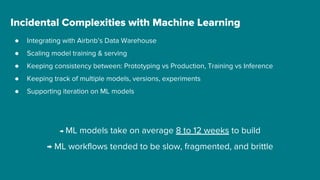 Incidental Complexities with Machine Learning
● Integrating with Airbnb’s Data Warehouse
● Scaling model training & serving
● Keeping consistency between: Prototyping vs Production, Training vs Inference
● Keeping track of multiple models, versions, experiments
● Supporting iteration on ML models
→ ML models take on average 8 to 12 weeks to build
→ ML workflows tended to be slow, fragmented, and brittle
 