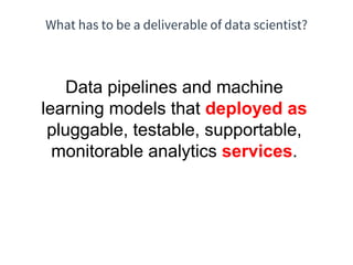 What has to be a deliverable of data scientist?
Data pipelines and machine
learning models that deployed as
pluggable, testable, supportable,
monitorable analytics services.
 