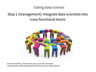 Eating data science
© Daniel Tunkelang - Where should you put your data scientists? -
www.slideshare.net/dtunkelang/where-should-you-put-your-data-scientists
Step 1 (management): Integrate data scientists into
cross-functional teams
 