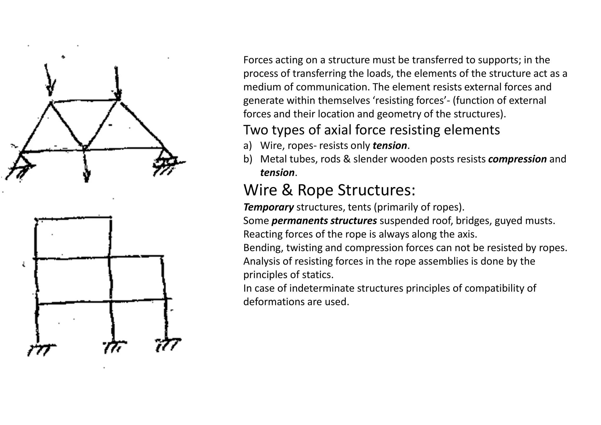Forces acting on a structure must be transferred to supports; in the
process of transferring the loads, the elements of the structure act as a
medium of communication. The element resists external forces and
generate within themselves ‘resisting forces’- (function of external
forces and their location and geometry of the structures).
Two types of axial force resisting elements
a) Wire, ropes- resists only tension.
b) Metal tubes, rods & slender wooden posts resists compression and
tension.
Wire & Rope Structures:
Temporary structures, tents (primarily of ropes).
Some permanents structures suspended roof, bridges, guyed musts.
Reacting forces of the rope is always along the axis.
Bending, twisting and compression forces can not be resisted by ropes.
Analysis of resisting forces in the rope assemblies is done by the
principles of statics.
In case of indeterminate structures principles of compatibility of
deformations are used.
 