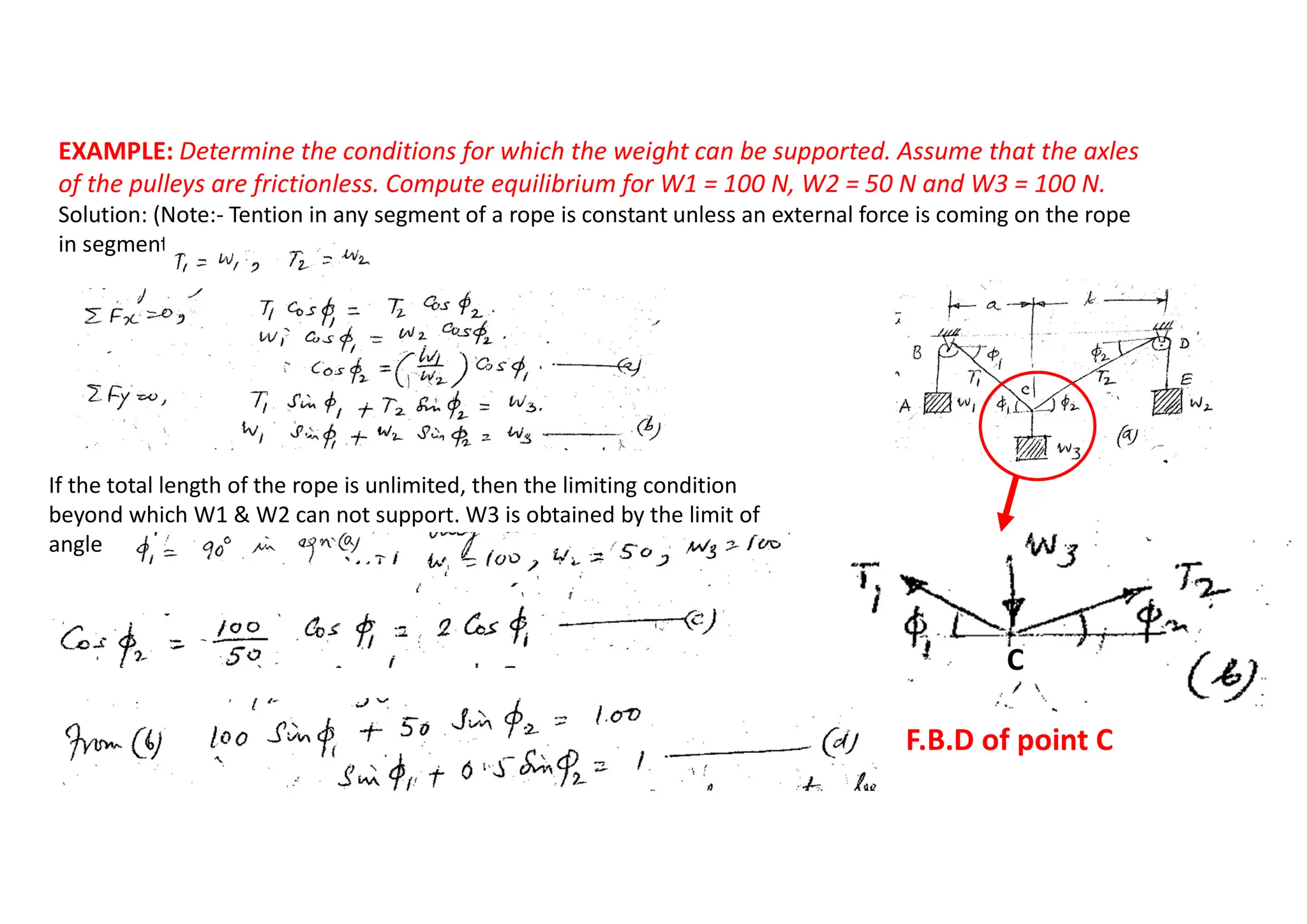 EXAMPLE: Determine the conditions for which the weight can be supported. Assume that the axles
of the pulleys are frictionless. Compute equilibrium for W1 = 100 N, W2 = 50 N and W3 = 100 N.
Solution: (Note:- Tention in any segment of a rope is constant unless an external force is coming on the rope
in segment
C
F.B.D of point C
If the total length of the rope is unlimited, then the limiting condition
beyond which W1 & W2 can not support. W3 is obtained by the limit of
angle
 
