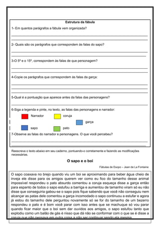 Estrutura da fábula
1- Em quantos parágrafos a fábula vem organizada?
____________________________________________________________________________
____________________________________________________________________________
2- Quais são os parágrafos que correspondem às falas do sapo?
____________________________________________________________________________
___________________________________________________________________________
3-O 5º e o 15º, correspondem às falas de que personagem?
____________________________________________________________________________
____________________________________________________________________________
4-Copie os parágrafos que correspondem às falas da garça:
____________________________________________________________________________
____________________________________________________________________________
____________________________________________________________________________
5-Qual é a pontuação que aparece antes da falas das personagens?
____________________________________________________________________________
6-Siga a legenda e pinte, no texto, as falas das personagens e narrador:
Narrador coruja
garça
sapo pato
7-Observe as falas do narrador e personagens. O que você percebeu?
____________________________________________________________________________
___________________________________________________________________________
Reescreva o texto abaixo em seu caderno, pontuando-o corretamente e fazendo as modificações
necessárias.
O sapo e o boi
Fábulas de Esopo – Jean de La Fontaine
O sapo coaxava no brejo quando viu um boi se aproximando para beber água cheio de
inveja ele disse para os amigos querem ver como eu fico do tamanho desse animal
impossível respondeu o pato absurdo comentou a coruja esqueça disse a garça então
para espanto de todos o sapo estufou a barriga e aumentou de tamanho viram só eu não
disse que conseguiria gabou-se o sapo pois fique sabendo que você não conseguiu nem
alcançar as patas dele comentou a garça incomodado o sapo continuou a estufar e agora
já estou do tamanho dele perguntou novamente só se for do tamanho de um bezerro
respondeu o pato e é bom você parar com isso antes que se machuque só vou parar
quando ficar maior que o boi sem dar ouvidos aos amigos, o sapo estufou tanto que
explodiu como um balão de gás é nisso que dá não se conformar com o que se é disse a
coruja que não pensava em outra coisa a não ser continuar sendo ela mesma
 