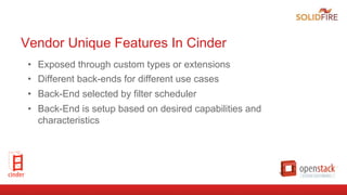 Vendor Unique Features In Cinder
•  Exposed through custom types or extensions
•  Different back-ends for different use cases
•  Back-End selected by filter scheduler
•  Back-End is setup based on desired capabilities and
characteristics
 