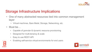 Storage Infrastructure Implications
•  One of many abstracted resources tied into common management
layer
•  Virtual machines, Bare Metal, Storage, Networking, etc.
•  Must be…
•  Capable of granular & dynamic resource provisioning
•  Designed for multi-tenancy & scale
•  Easy to use REST-API
•  Enabling self-service virtual environments for end users
 