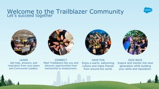 Welcome to the Trailblazer Community
Let’s succeed together
LEARN
Get help, answers, and
inspiration from your peers
and Community Leaders.
CONNECT
Meet Trailblazers like you and
discover opportunities from
mentorship to employment.
HAVE FUN
Enjoy a warm, welcoming
culture and make friends
from around the world.
GIVE BACK
Inspire and mentor the next
generation while building
your skills and reputation.
 