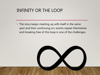 INFINITY OR THE LOOP
• The story keeps meeting up with itself in the same
spot and then continuing on; events repeat themselves
and breaking free of this loop is one of the challenges.
 