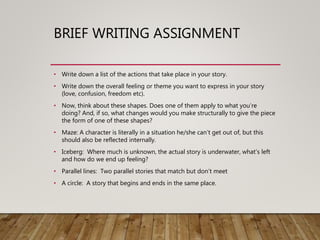 BRIEF WRITING ASSIGNMENT
• Write down a list of the actions that take place in your story.
• Write down the overall feeling or theme you want to express in your story
(love, confusion, freedom etc).
• Now, think about these shapes. Does one of them apply to what you’re
doing? And, if so, what changes would you make structurally to give the piece
the form of one of these shapes?
• Maze: A character is literally in a situation he/she can’t get out of, but this
should also be reflected internally.
• Iceberg: Where much is unknown, the actual story is underwater, what’s left
and how do we end up feeling?
• Parallel lines: Two parallel stories that match but don’t meet
• A circle: A story that begins and ends in the same place.
 