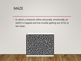 MAZE
• In which a character either physically, emotionally (or
both!) is trapped and has trouble getting out of his or
her maze
 