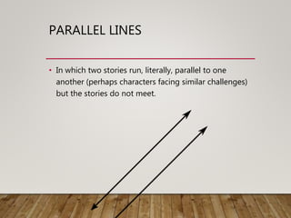 PARALLEL LINES
• In which two stories run, literally, parallel to one
another (perhaps characters facing similar challenges)
but the stories do not meet.
 