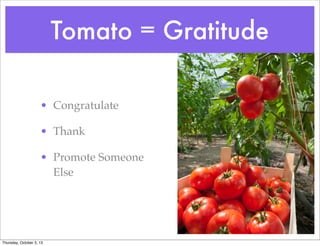 Tomato = Gratitude
• Congratulate
• Thank
• Promote Someone
Else
Thursday, October 3, 13
 