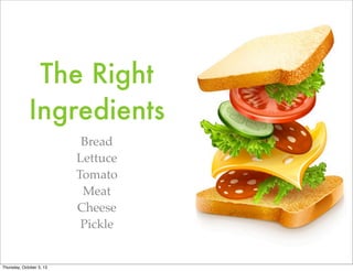 The Right
Ingredients
Bread
Lettuce
Tomato
Meat
Cheese
Pickle
Thursday, October 3, 13
 