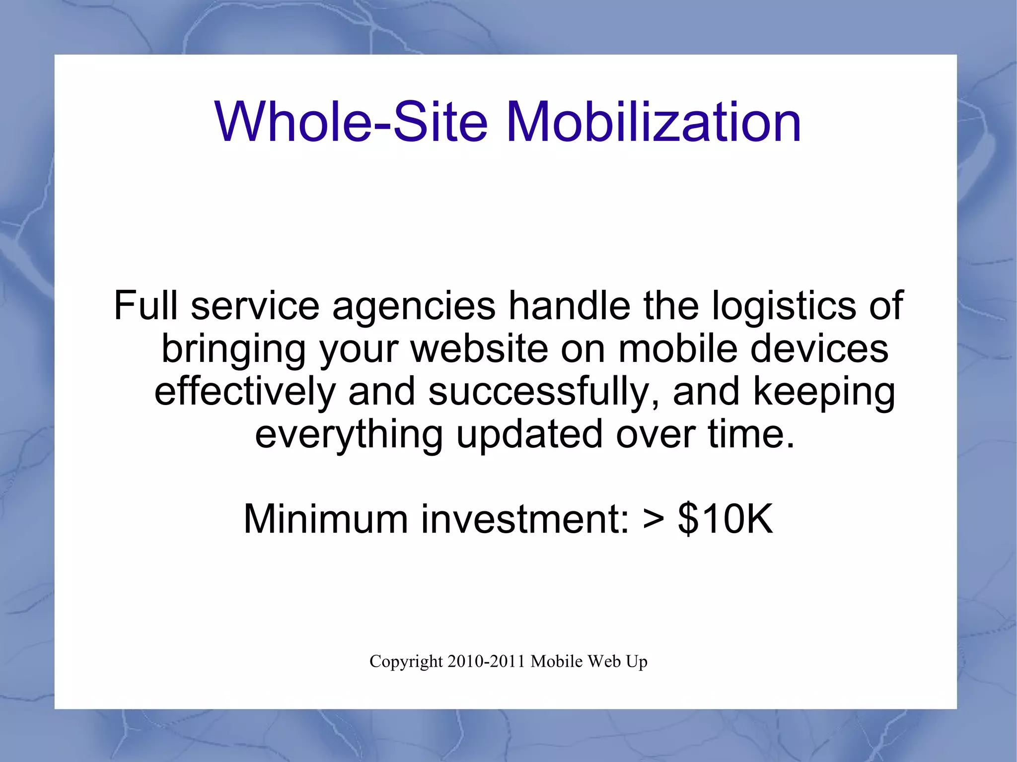 Whole-Site Mobilization Full service agencies handle the logistics of bringing your website on mobile devices effectively and successfully, and keeping everything updated over time. Minimum investment: > $10K 