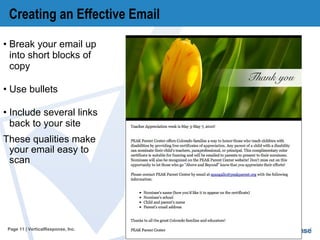 Creating an Effective Email Break your email up into short blocks of copy Use bullets Include several links back to your site These qualities make your email easy to scan Page   | VerticalResponse, Inc. 