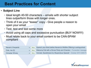 Subject Line Ideal length 40-50 characters – emails with shorter subject lines outperform those with longer ones.  Think of it as your “teaser” copy - Give people a reason to open your email Test, test and test some more Avoid using all caps and excessive punctuation (BUY NOW!!!!) Must relate back to your email content to be CAN-SPAM compliant Best Practices for Content 