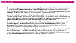 • To work with our partners to create a long-term strategic framework for the health and social care workforce
to ensure we have the right numbers, skills, values and behaviours to deliver world leading services and
continued high standards of care. For the first time ever, the framework will include regulated professionals
working in adult social care, like nurses, social workers and occupational therapists.
• We will look at the key drivers of workforce demand and supply over the longer term and consider how
they may impact upon the required shape of the future workforce (in its broadest sense) to help identify the
main strategic choices facing us, develop a shared and explicit set of planning assumptions and identify the
actions required at all levels across social care and health using all our system levers.
• This will require us to work closely with partners from all levels and sectors, so that together we can build a
shared set of explicit assumptions and goals that will provide a clear framework within which more
detailed workforce plans can be developed and delivered at national and local level, and for different
pathways and professions, resulting in better care and better work for all.
• Achieving the required level of expertise and professional training can take more than a decade in our health
and social care system. It can take up to fifteen years to train a consultant, and typically three years for a
nurse or social worker to qualify, so investment in the workforce must reflect our ambitions for tomorrow
as well as the needs for today, with a focus on ‘foresight’ rather than ‘forecasting’.
Aims of the work
 