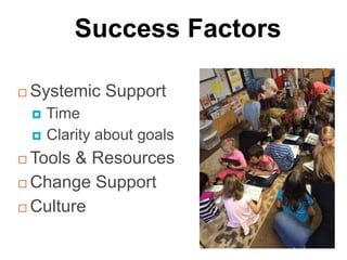 Success Factors
 Systemic Support
 Time
 Clarity about goals
 Tools & Resources
 Change Support
 Culture
 