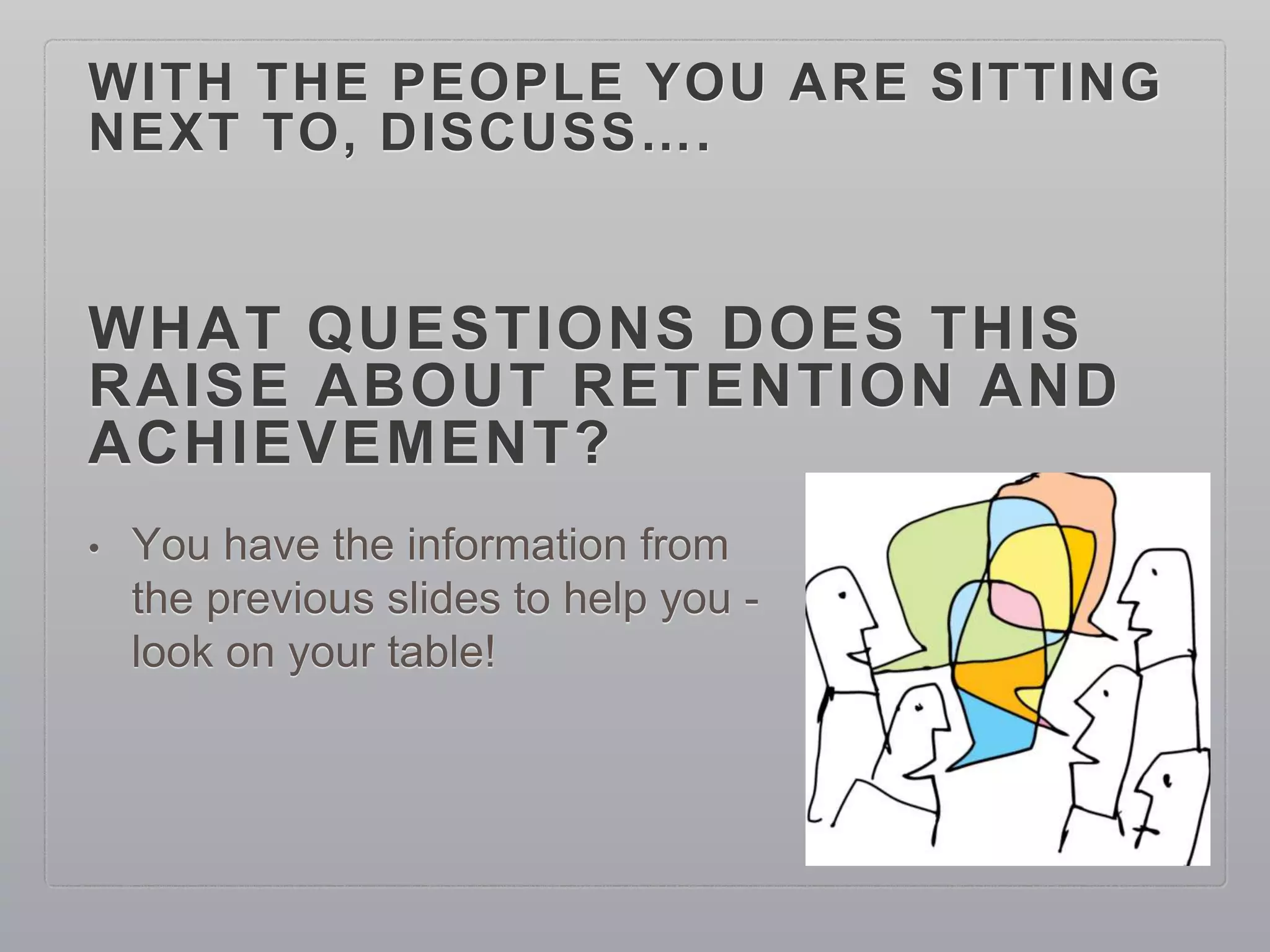WITH THE PEOPLE YOU ARE SITTING
NEXT TO, DISCUSS….
WHAT QUESTIONS DOES THIS
RAISE ABOUT RETENTION AND
ACHIEVEMENT?
• You have the information from
the previous slides to help you -
look on your table!
 