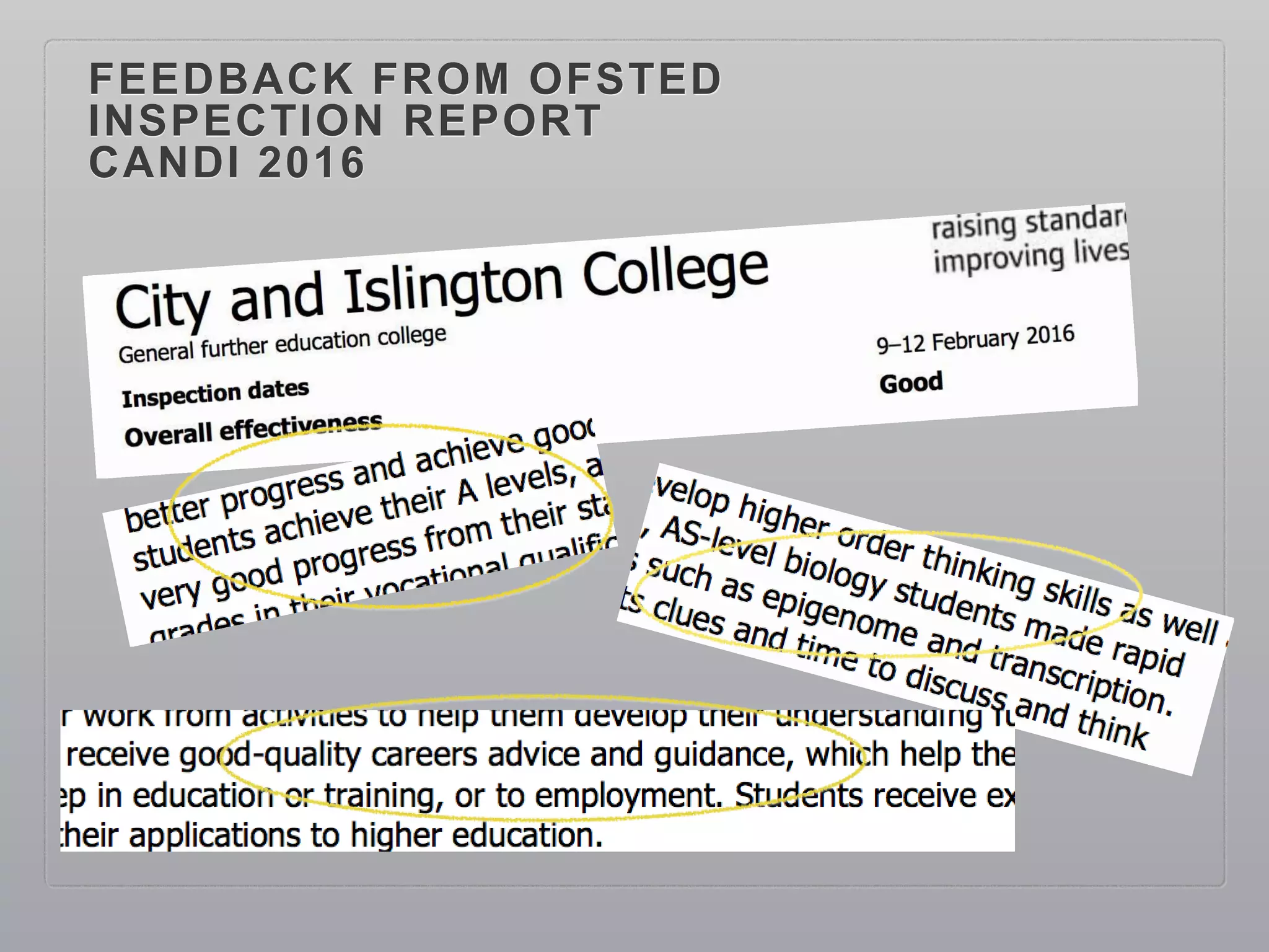 FEEDBACK FROM OFSTED
INSPECTION REPORT
CANDI 2016
 