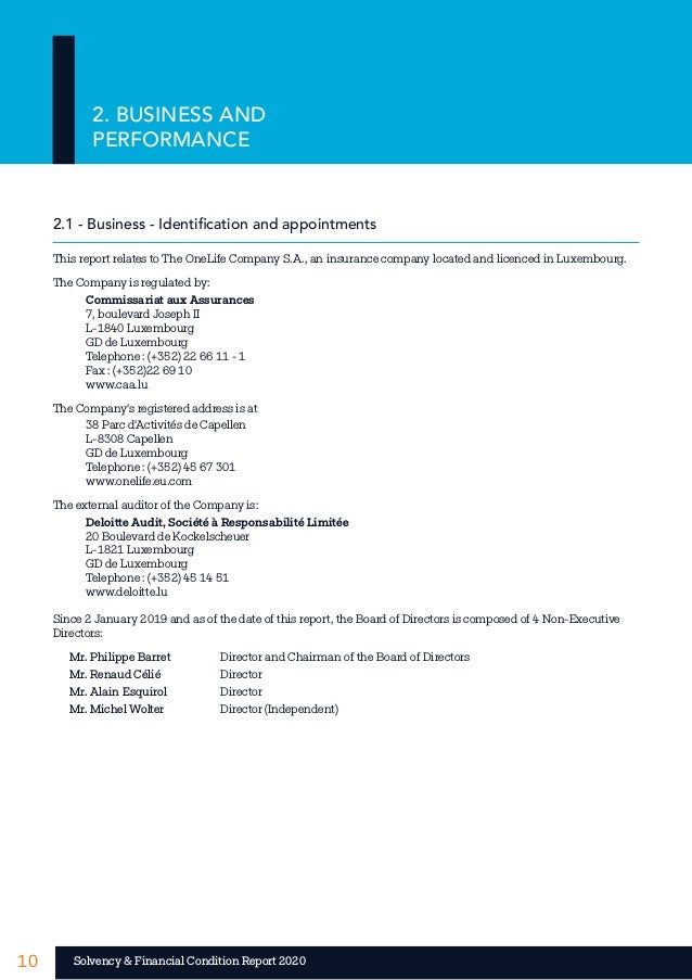 10 10
Solvency & Financial Condition Report 2020
2. BUSINESS AND
PERFORMANCE
2.1 - Business - Identification and appointme...