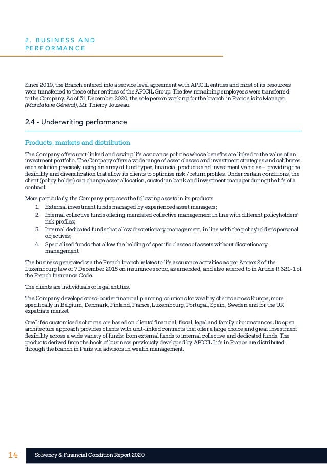 14 14
Solvency & Financial Condition Report 2020
Since 2019, the Branch entered into a service level agreement with APICIL...