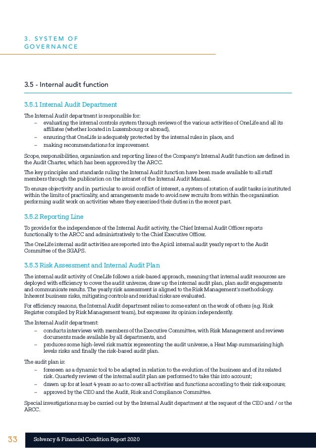 33 33
Solvency & Financial Condition Report 2020
3.5 - Internal audit function
3.5.1 Internal Audit Department
The Interna...