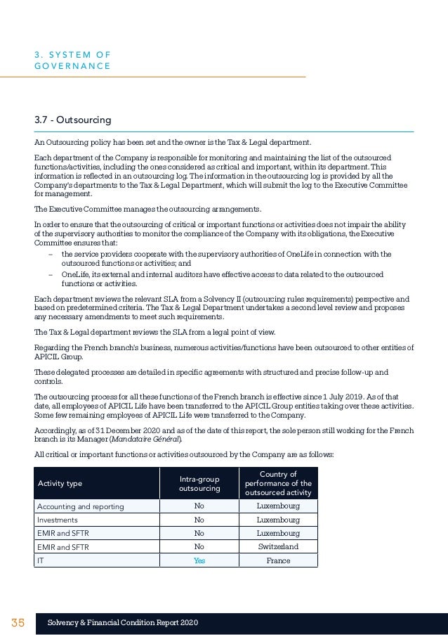 35 35
Solvency & Financial Condition Report 2020
3.7 - Outsourcing
An Outsourcing policy has been set and the owner is the...