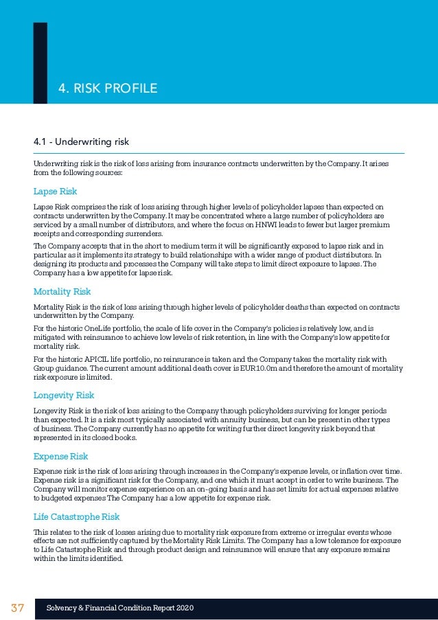 37 37
Solvency & Financial Condition Report 2020
4. RISK PROFILE
4.1 - Underwriting risk
Underwriting risk is the risk of ...