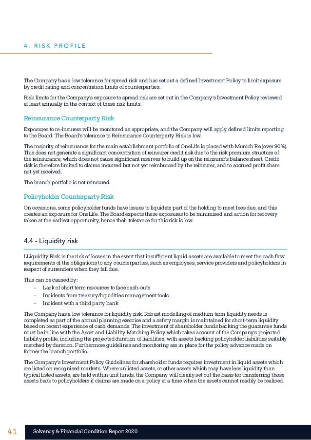 41 41
Solvency & Financial Condition Report 2020
The Company has a low tolerance for spread risk and has set out a defined...