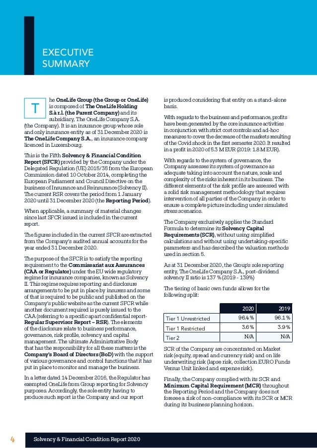4 4
Solvency & Financial Condition Report 2020
he OneLife Group (the Group or OneLife)
is composed of The OneLife Holding
...