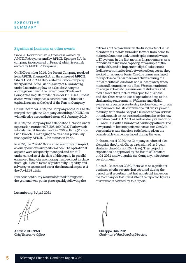 5 5
Solvency & Financial Condition Report 2020
Significant business or other events
Since 26 November 2019, OneLife is own...