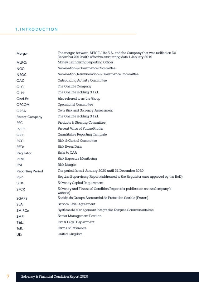 7 7
Solvency & Financial Condition Report 2020
Merger The merger between APICIL Life S.A. and the Company that was ratifie...