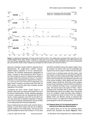 SFC tandem-column method development              621




Figure 1. Analytical chromatograms of mixture A with the OD-H column. The mobile phase consisted of 90% liquid CO2 and 10%
of either MeOH, EtOH, IsOH, nPrOH, or nBuOH at a flow rate of 3.0 mL/min. Column temperature and outlet pressure were
408C and 120 bar, respectively. Peaks 1 and 4 are an enantiomeric pair (S,R and R,S), and Peaks 2 and 3 are an enantiomeric
pair (S,S and R,R). (Peak number indicates and correlates the order of elution with the OD-H column.)


goal was to develop a single method to separate all four        with EtOH and nBuOH used as the organic modifer. Over-
stereoisomers. No single-column method, however,                all, however, the elution order was not predictable with
yielded baseline separation of all four stereoisomers.          respect to the various organic modifiers that were studied.
Therefore, the individual stereoisomers (designated as          A closer look at individual peaks and their elution order
Peaks 1 through 4) were screened by OD-H (Figure 1)             with respect to modifier (Figure 2) indicated three different
and AD-H (Figure 2) columns to determine the identity of        cases. One such case was the elution order of Peak 2. Its
the peaks noted in the screening of mixture A. The stereo-      elution order remained the most varied throughout the use
chemistry of the stereoisomers represented by Peaks 1,          of the various modifiers. When MeOH was used as the
2, 3, and 4 are S,R; S,S; R,R; and R,S, respectively. The       modifier, Peak 2 eluted first. With IsOH as the modifier,
peak number is based on the peak order found with the           though, Peak 2 eluted last. Only with EtOH and nBuOH (2
OD-H column, since the peak order remained constant             out of 5 modifiers) did Peak 2 have a consistent elution
regardless of the modifier.                                     order. The second case is the elution of Peak 1. Peak 1
Considering the OD-H column results (Figure 1), no              remained most consistent with its elution order. Except
change in peak order was observed throughout the use of         when MeOH was used as the modifier, Peak 1 eluted first
the various mobile phases. Overall, adequate separation         (4 out of 5 modifiers). Lastly, the elution order of Peaks 3
of all four components was not achieved with the OD-H           and 4 remained the same for three of the five modifiers
column. Further exploration with IsOH via the OD-H col-         (MeOH, EtOH, and nBuOH). Overall, as observed with
umn was performed, but baseline separation of Peaks 2           the OD-H column, no single AD-H method provided ade-
and 3 was not achieved. Decreasing the amount of IsOH           quate separation of the four stereoisomers.
in the mobile phase did not improve separation.
Figure 2 clearly shows the elution order varied for Peaks 1     3.2 Capacity factor (k 9) of individual peaks of
through 4 via the AD-H column with the use of different             mixture A for OD-H and AD-H columns
organic modifiers in the mobile phase. The only two ana-        The capacity factor (k 9) for the four individual stereo-
lyses that yielded the same order of elution (1-2-4-3) were     isomers was calculated and plotted (Figure 3). When

J. Sep. Sci. 2005, 28, 619 – 626       www.jss-journal.de         i   2005 WILEY-VCH Verlag GmbH & Co. KGaA, Weinheim
 