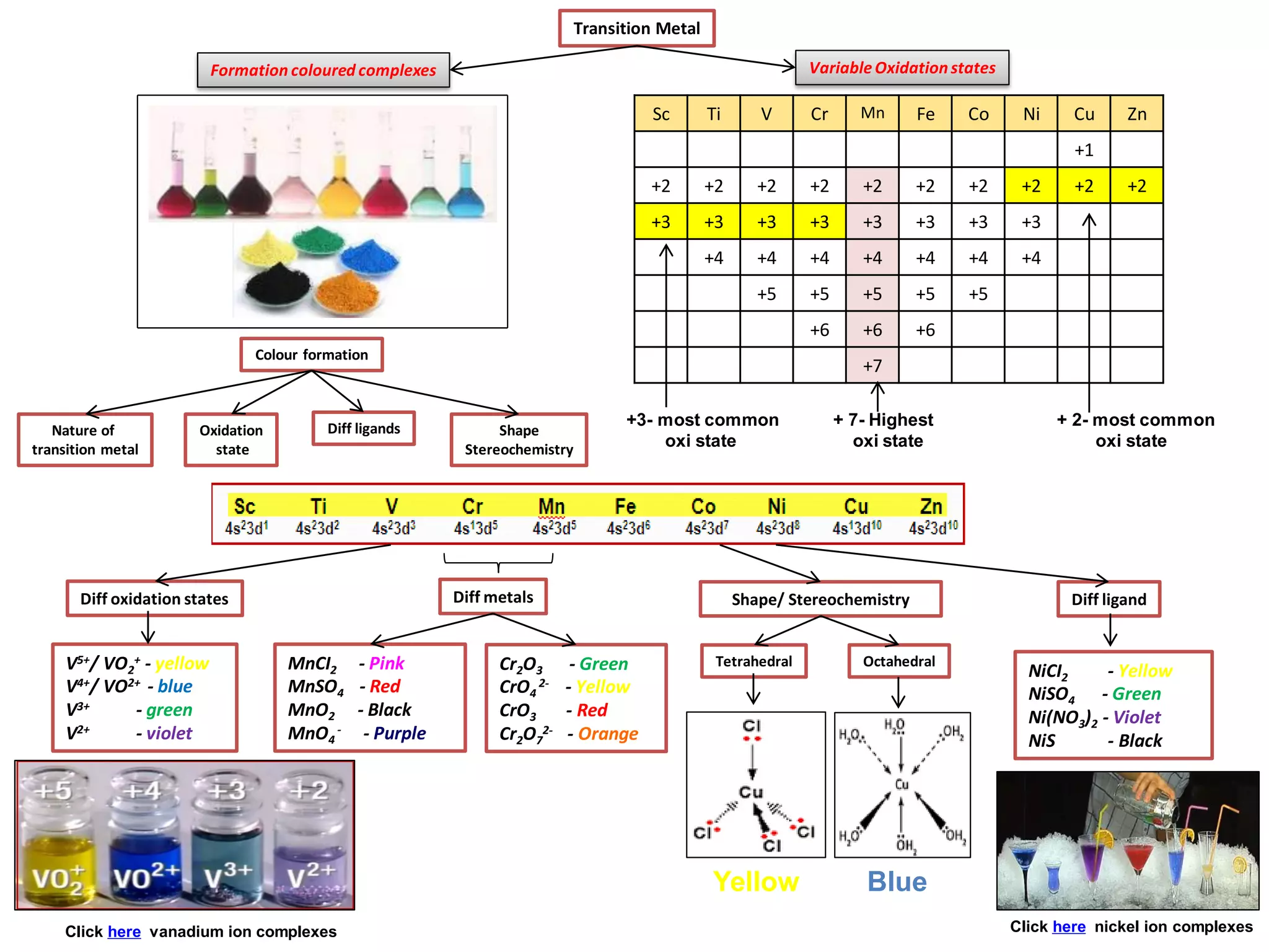 Transition Metal
Formation coloured complexes Variable Oxidation states
Sc Ti V Cr Mn Fe Co Ni Cu Zn
+1
+2 +2 +2 +2 +2 +2 +2 +2 +2 +2
+3 +3 +3 +3 +3 +3 +3 +3
+4 +4 +4 +4 +4 +4 +4
+5 +5 +5 +5 +5
+6 +6 +6
+7
+3- most common
oxi state
+ 2- most common
oxi state
+ 7- Highest
oxi state
Click here vanadium ion complexes Click here nickel ion complexes
V5+/ VO2
+ - yellow
V4+/ VO2+ - blue
V3+ - green
V2+ - violet
NiCI2 - Yellow
NiSO4 - Green
Ni(NO3)2 - Violet
NiS - Black
Diff oxidation states
Colour formation
Nature of
transition metal
Oxidation
state
Diff ligands Shape
Stereochemistry
Diff ligandDiff metals
MnCI2 - Pink
MnSO4 - Red
MnO2 - Black
MnO4
- - Purple
Cr2O3 - Green
CrO4
2- - Yellow
CrO3 - Red
Cr2O7
2- - Orange
Shape/ Stereochemistry
Tetrahedral Octahedral
BlueYellow
 