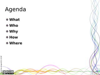 Layout by orngjce223, CC-BY




                                      How
                                            Why
                                                  Who
                                                        What




                              Where
                                                               Agenda
 