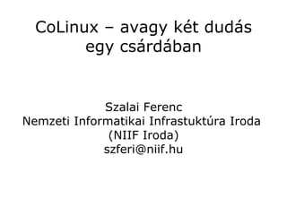 CoLinux – avagy két dudás
        egy csárdában


             Szalai Ferenc
Nemzeti Informatikai Infrastuktúra Iroda
              (NIIF Iroda)
             szferi@niif.hu
 