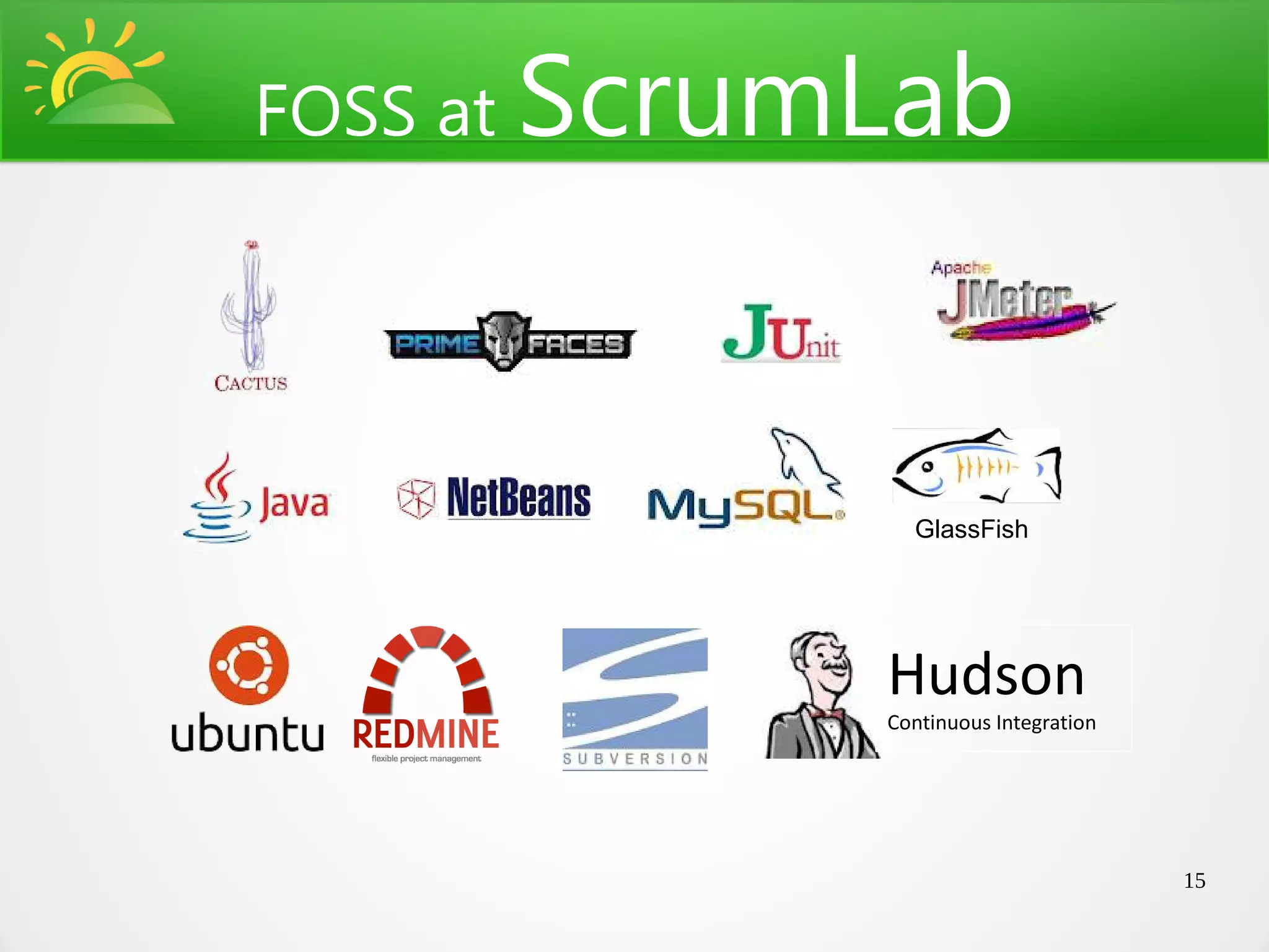 FOSS at ScrumLab




               GlassFish




             Hudson
             Continuous Integration




                                      15
 