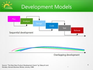 Development Models




Source: “The New New Product Development Game” by Takeuchi and       4
Nonaka. Harvard Business Review, January 1986.                   4
 