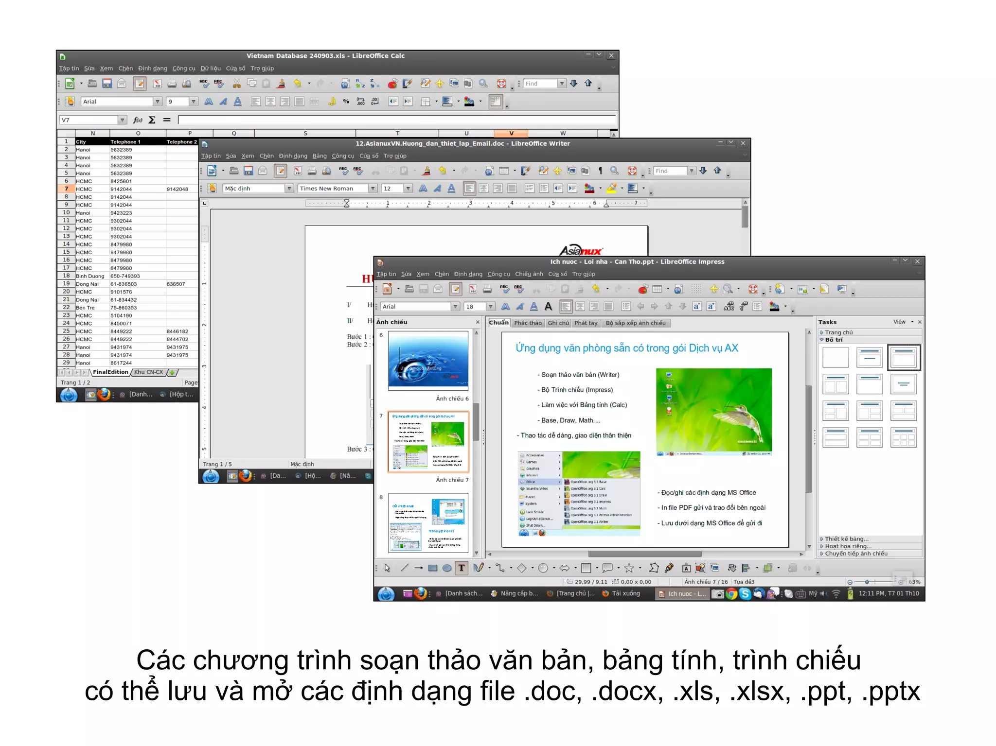 Các chương trình soạn thảo văn bản, bảng tính, trình chiếu
có thể lưu và mở các định dạng file .doc, .docx, .xls, .xlsx, .ppt, .pptx
 