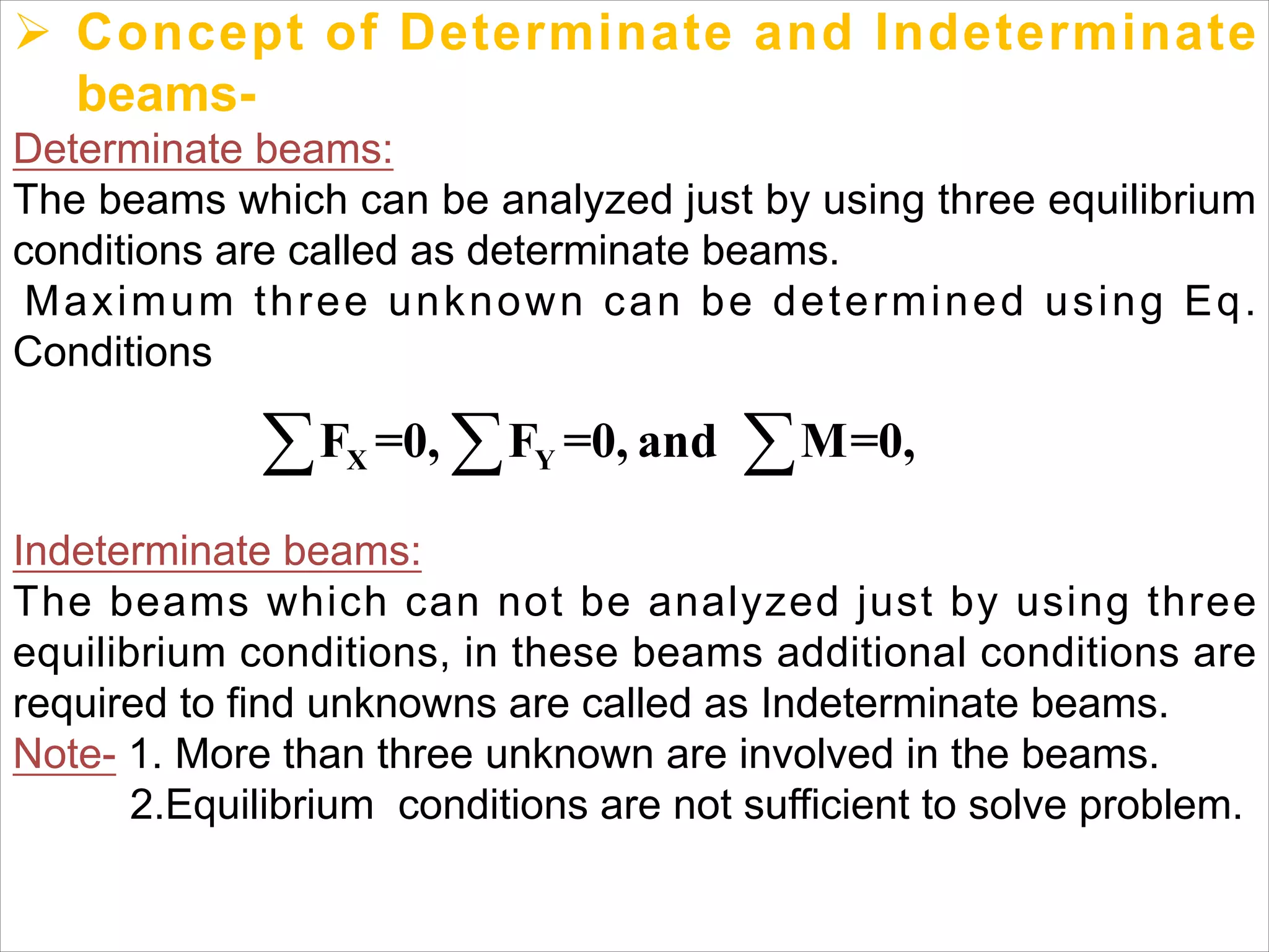 Ø Concept of Determinate and Indeterminate
beams-
Determinate beams:
The beams which can be analyzed just by using three equilibrium
conditions are called as determinate beams.
Maximum three unknown can be determined using Eq.
Conditions
X YF =0, F =0, and M=0,  
Indeterminate beams:
The beams which can not be analyzed just by using three
equilibrium conditions, in these beams additional conditions are
required to find unknowns are called as Indeterminate beams.
Note- 1. More than three unknown are involved in the beams.
2.Equilibrium conditions are not sufficient to solve problem.
 