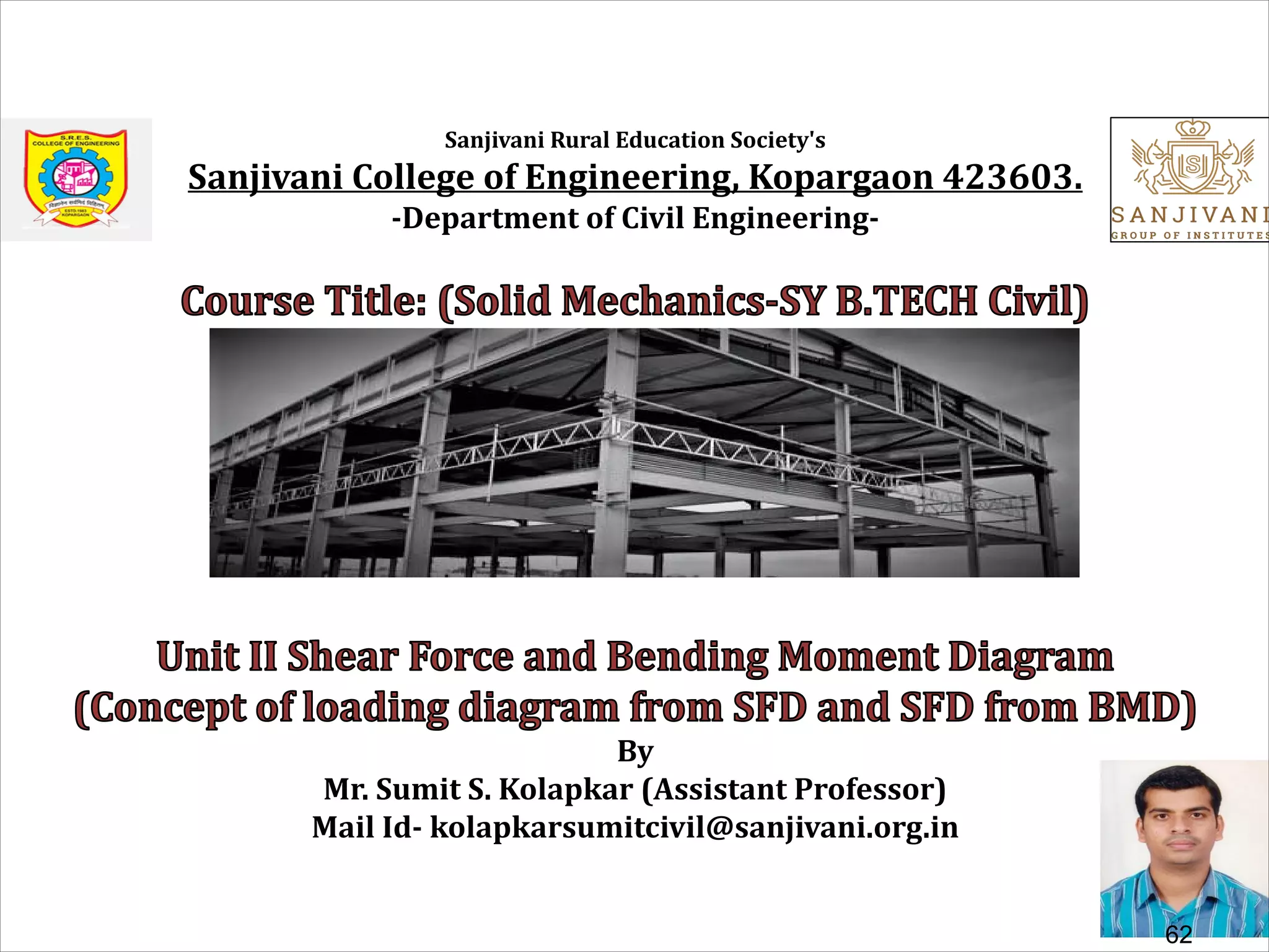 Sanjivani Rural Education Society's
Sanjivani College of Engineering, Kopargaon 423603.
-Department of Civil Engineering-
By
Mr. Sumit S. Kolapkar (Assistant Professor)
Mail Id- kolapkarsumitcivil@sanjivani.org.in
62
 